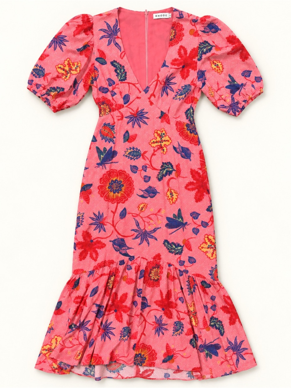 RHODE Pink Floral V-Neck Puff-Sleeve Midi Dress